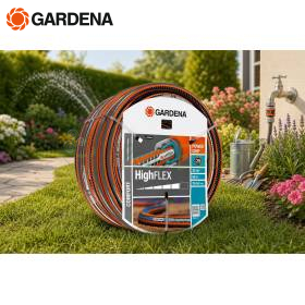 Gardena HighFLEX 19 mm garden hose coil on lawn near flower beds and outdoor tap