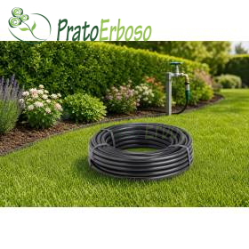 Black 16 mm medium density PN6 irrigation pipe coil on garden lawn near outdoor tap