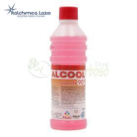 500 ml bottle of 90° denatured ethyl alcohol with red cap and pink liquid