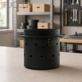 Brasero noir perforé pour poêle à granulés 4 kW sur établi d’atelier
