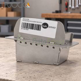 Brasero metálico para estufa de pellets de 11 kW con etiqueta, sobre banco de taller