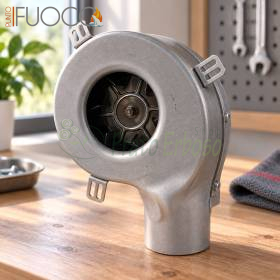 Metal smoke fan with snail housing and mounting brackets on workbench