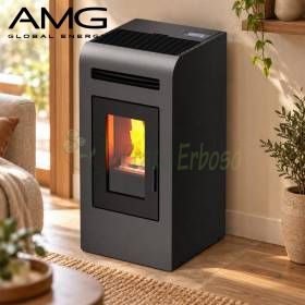 Black Cayenne 12.8 kW pellet stove with glass fire door in cozy living room