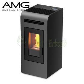 Stufa a pellet Cayenne 12,8 kW grigia con fiamma visibile in soggiorno