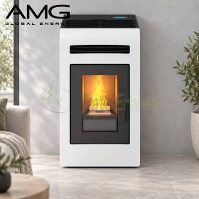 Stufa a pellet canalizzata Cayenne 12,8 kW bianca con porta nera e fiamma visibile