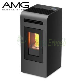 Stufa a pellet canalizzata Cayenne 12,3 kW grigia con fiamma visibile in ambiente moderno