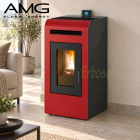 Estufa de pellets Cayenne blanca 12,3 kW con conducto y cristal con llama en salón