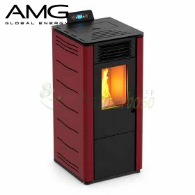 Estufa de pellets burdeos y negra de 6,9 kW con llama visible en salón moderno