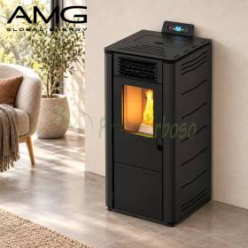 Schwarzer Basic Steel Pelletofen 8,7 kW mit Sichtfenster und Display im modernen Wohnraum
