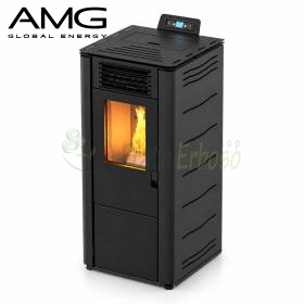 Poêle à granulés Basic Steel bordeaux 8,7 kW avec flamme visible dans un salon moderne