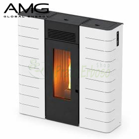 Sobë me pelet e bardhë Çelik Bazë 8.7 kW me panel të zi dhe flakë të dukshme