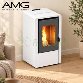 White 7 kW Smart pellet stove with black glass door in a modern living room