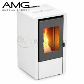 White 7 kW Smart pellet stove with black glass door in a modern living room