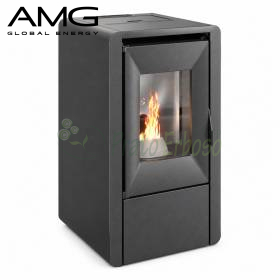 Stufa a pellet nera Smart 7 kW con fiamma visibile in soggiorno moderno