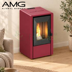 Red Smart 7.0 kW pellet stove with black glass door burning in a modern living room