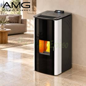 White 7.0 kW Smart pellet stove with glass front burning in modern living room
