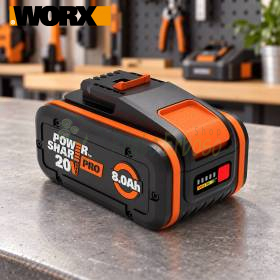 WA3648 20V 8Ah lithium battery pack on a workshop bench with orange and black casing