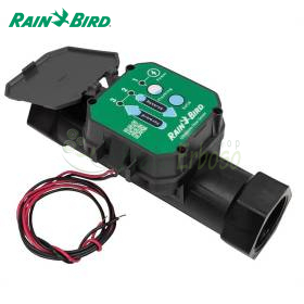 Sensor de caudal ultrasónico Rain Bird UFS100BSP con carcasa negra, panel verde y cables de conexión