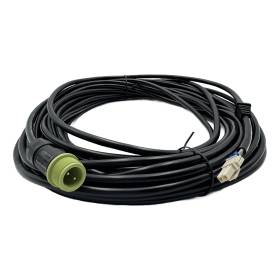 10 m black power cable coiled with green circular plug and white connector